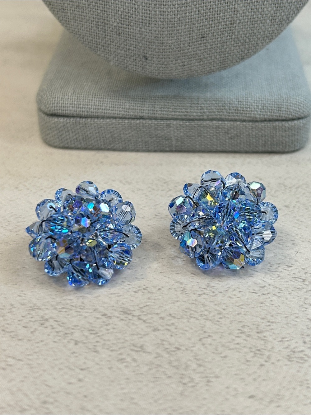 Vintage Blue Crystal Cluster Clip On Earrings - Women Jewelry